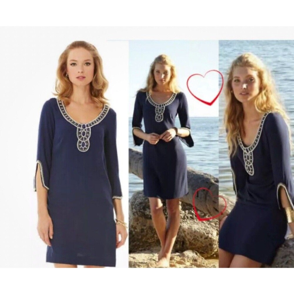 Lilly Pulitzer Sarah True Navy Beaded 3/4 Sleeve Tunic Dress XS
